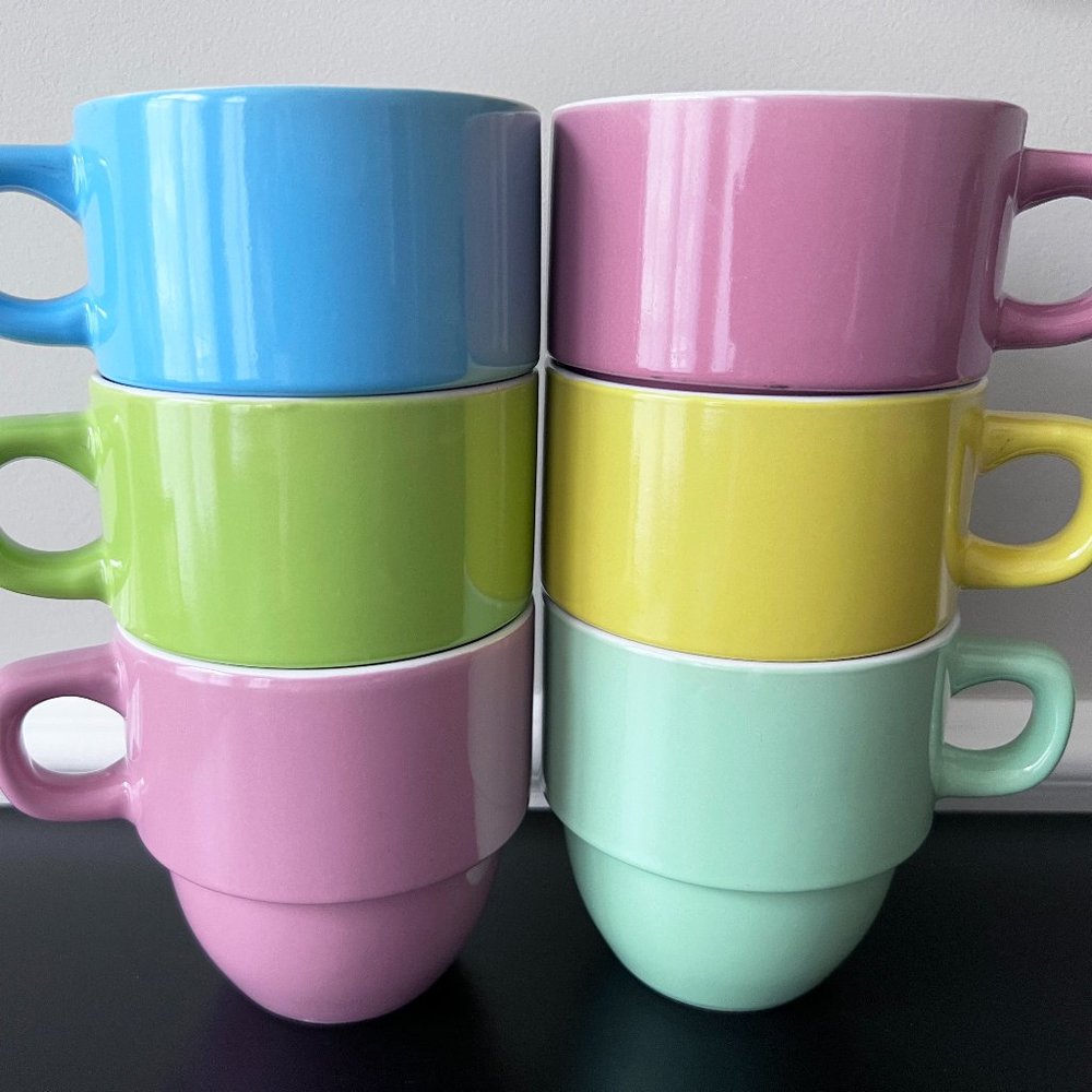 6 Vintage Stacking Multicolor 14oz Hand Glazed Ceramic Coffee Tea Mug Set NEW